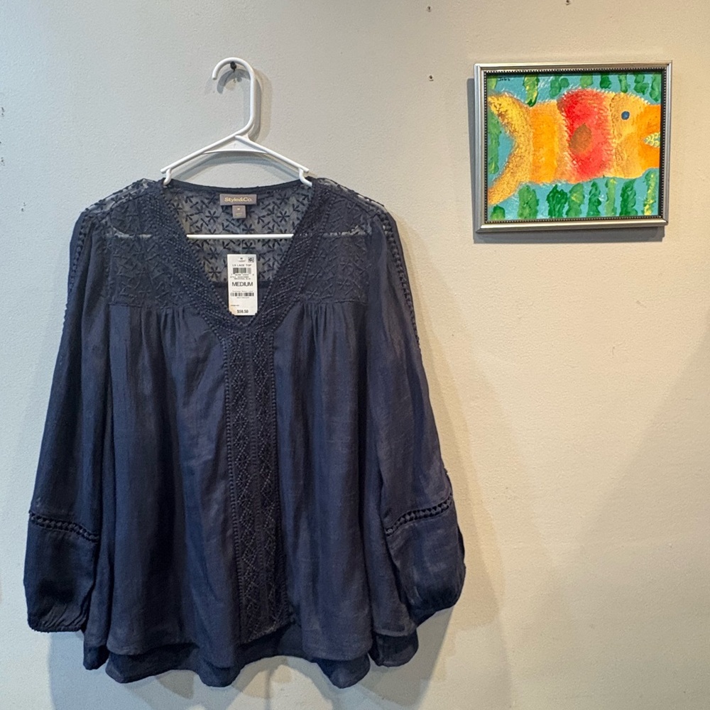 Style & Co. Navy Blouse with Lace Details / NWT